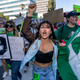 Arianna Villavicencio, 16, marches with abortion-rights activists from the First Street U.S. Courthouse, Central District of California, in downtown Los Angeles, Monday, June 27, 2022.